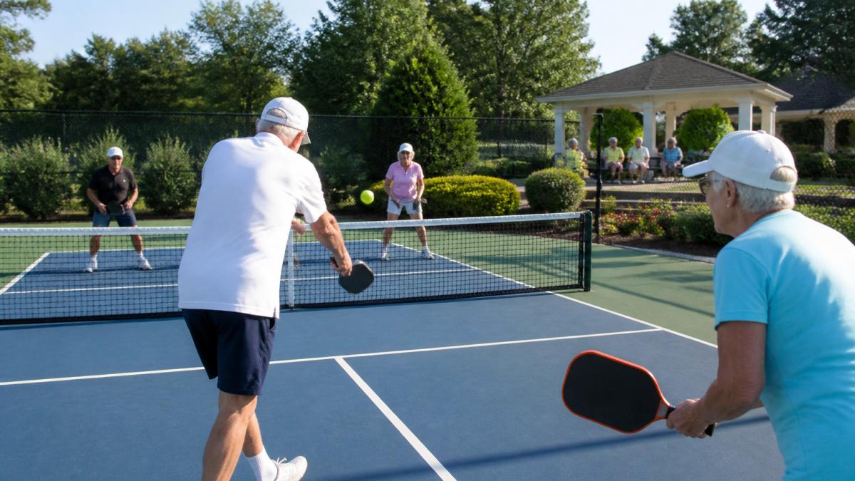 Active seniors playing pickleball on well-maintained outdoor courts with morning sunlight, other residents enjoying the landscaped grounds in the background
