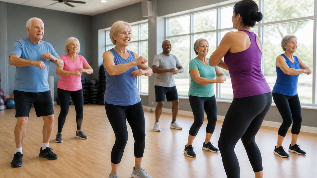 Active seniors participating in group fitness class in bright, modern exercise studio with large windows and natural light, instructor demonstrating movement to diverse group
