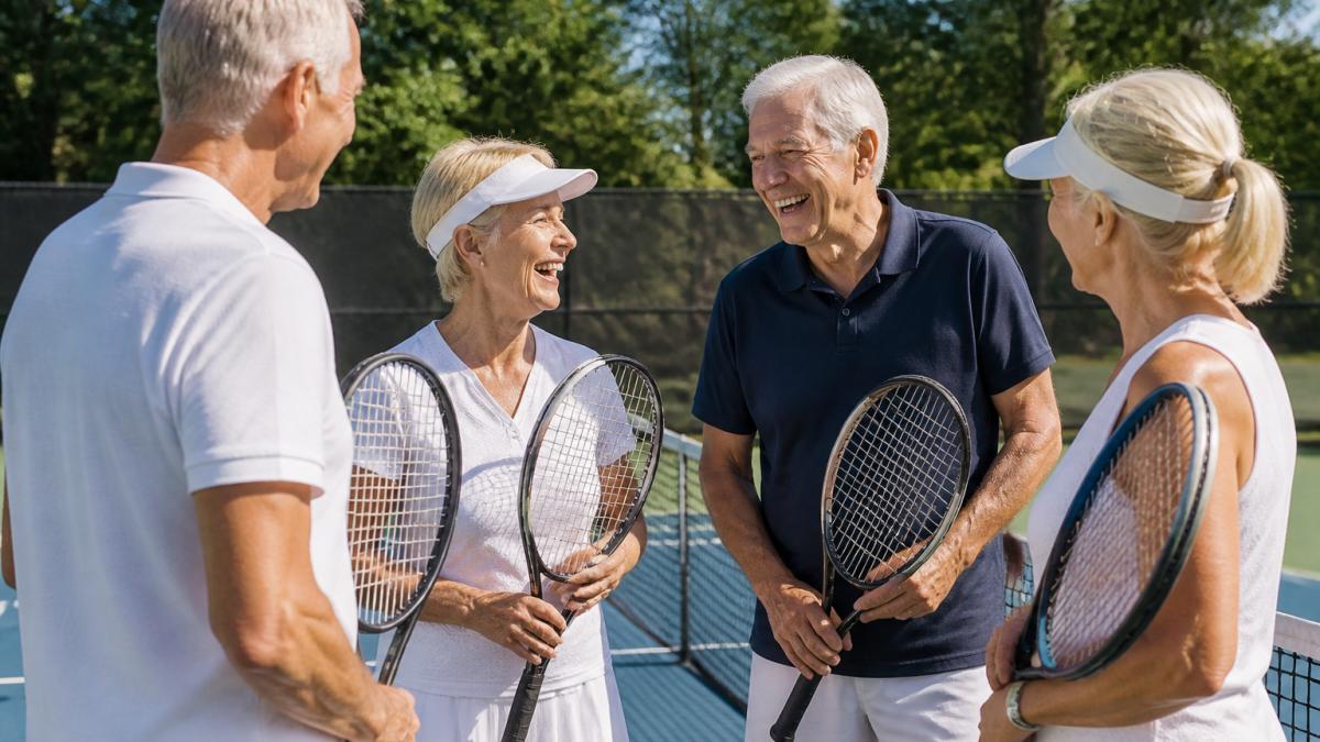 Group of active seniors playing tennis outdoors on a sunny court, laughing and engaged with each other