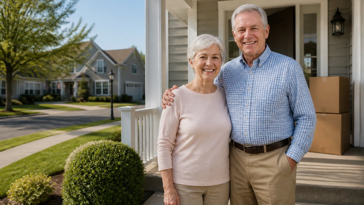 A retired couple in their late sixties standing on the front porch of a single-story home in a tidy 55-plus neighborhood, morning light, moving boxes visible behind them