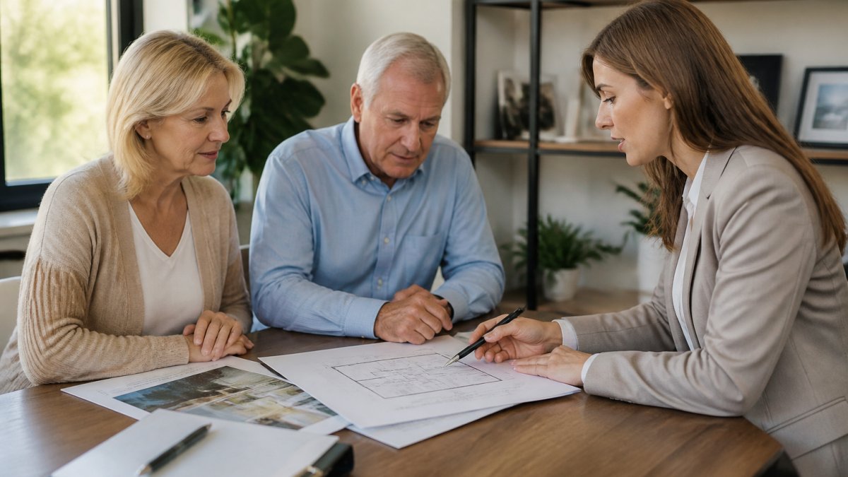 Mature couple meeting with professional real estate advisor in bright office setting, reviewing property documents and floor plans together on a wooden desk