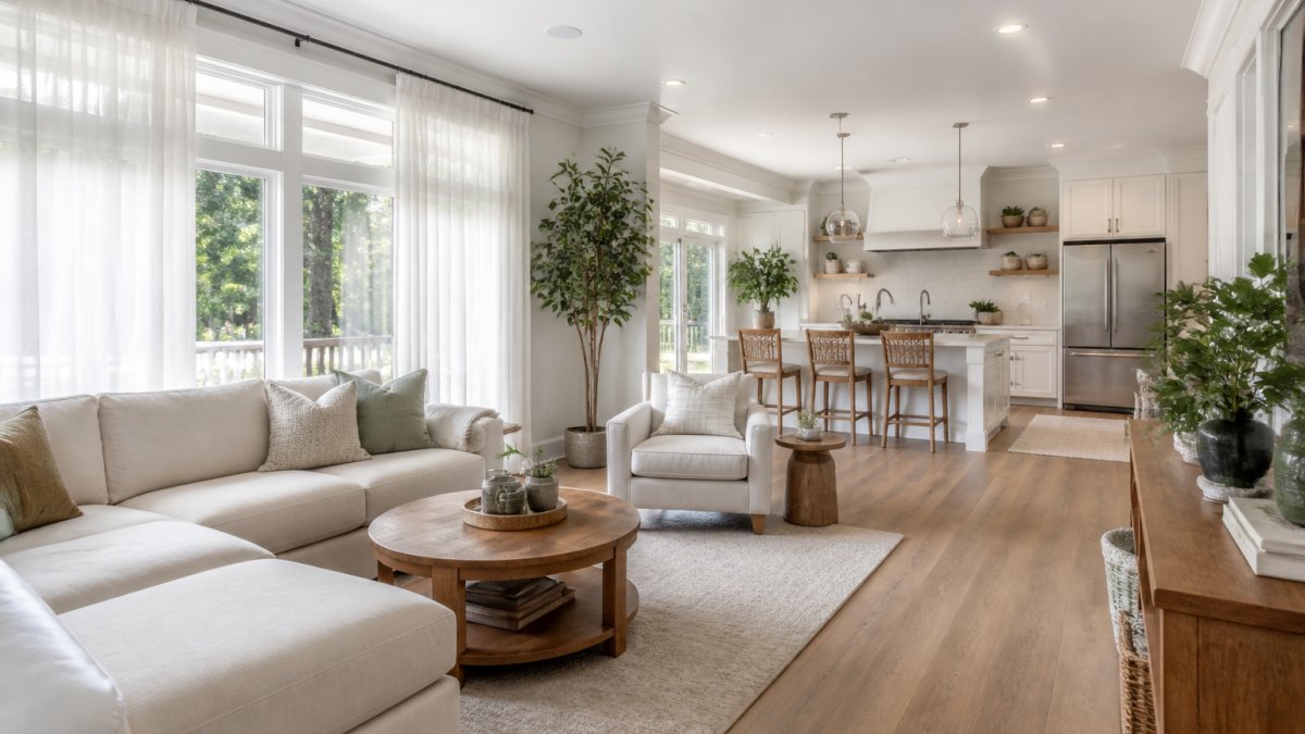 Bright, modern living room with light-colored furniture, large windows with sheer curtains, minimal visible clutter, open floor plan with plants creating a sense of airiness