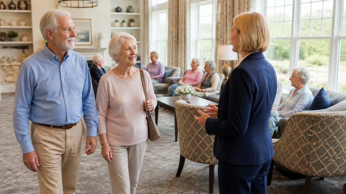 Older couple touring a bright, modern senior living community common area with large windows, comfortable seating, and residents of various ages socializing in the background
