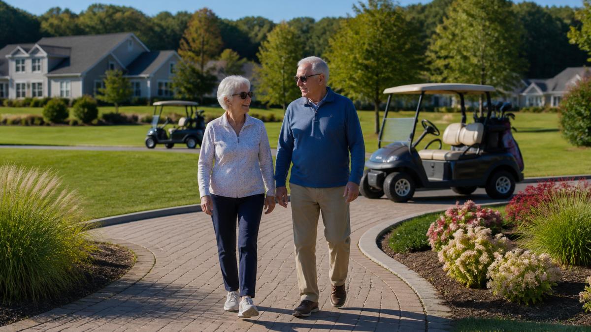 Active senior couple enjoying a walk through a landscaped 55+ community designed for maintenance-free living.