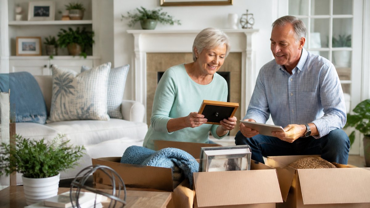 An active senior couple in a bright living room sorting household items into labeled boxes marked keep, donate, and sell, with a tablet showing photos of furniture nearby