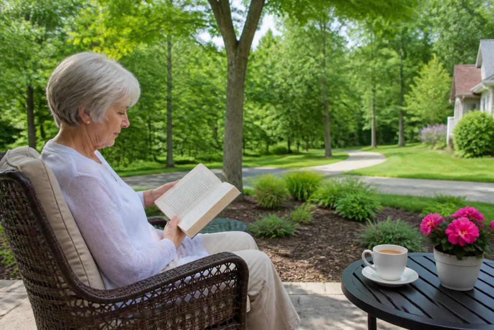 A senior woman reading a book on a private patio surrounded by trees in a peaceful 55+ community, with a cup of tea on a small table and a walking path visible in the background