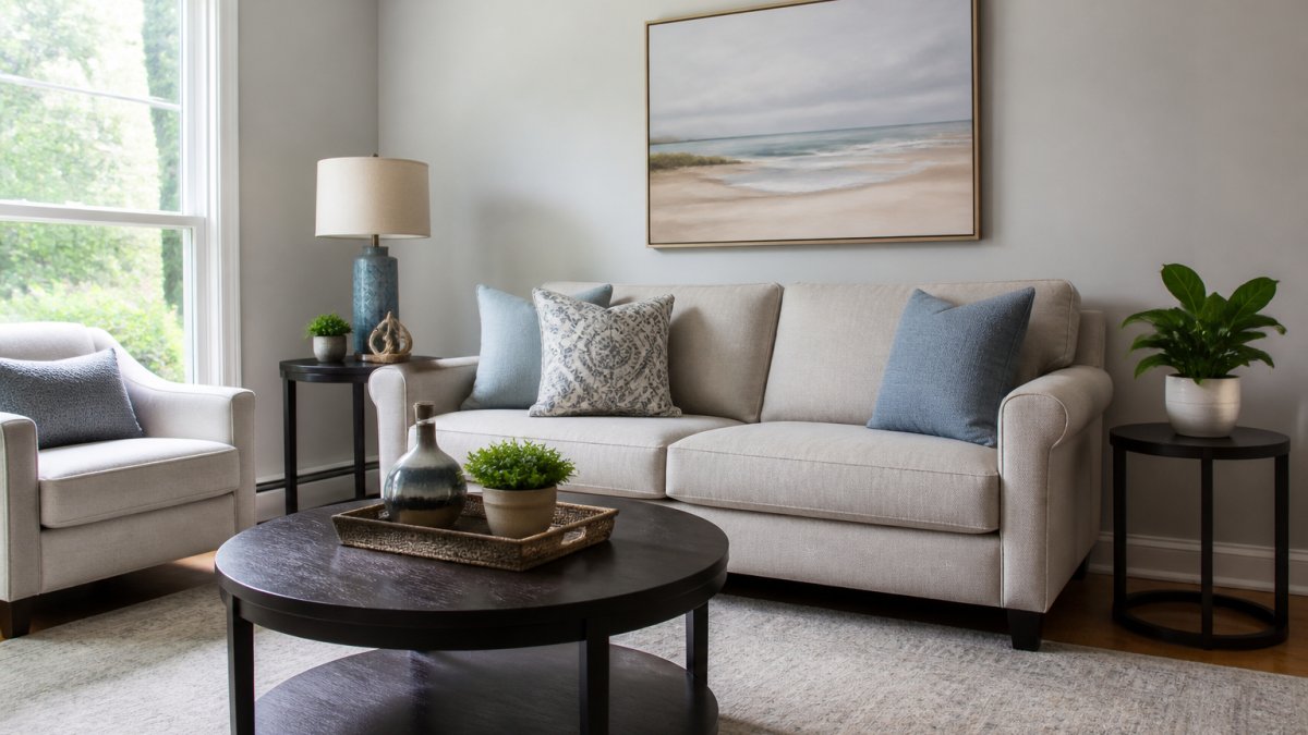 Bright, minimalist living room with neutral furnishings, light gray walls, simple modern sofa, and single decorative plant on side table creating an airy, inviting space that helps buyers visualize themselves in the home