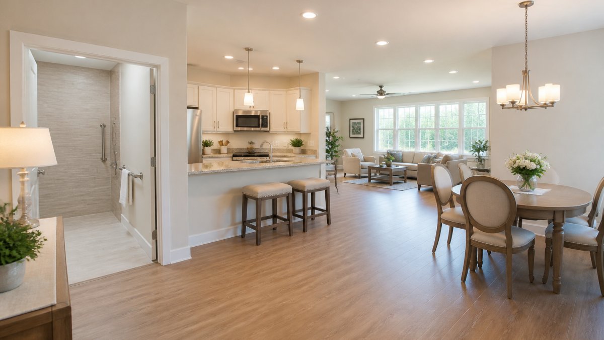 Bright, open-concept senior living space with wide hallways, grab bars near bathroom entrance, accessible kitchen design with lower countertops and open floor layout, natural light streaming through large windows
