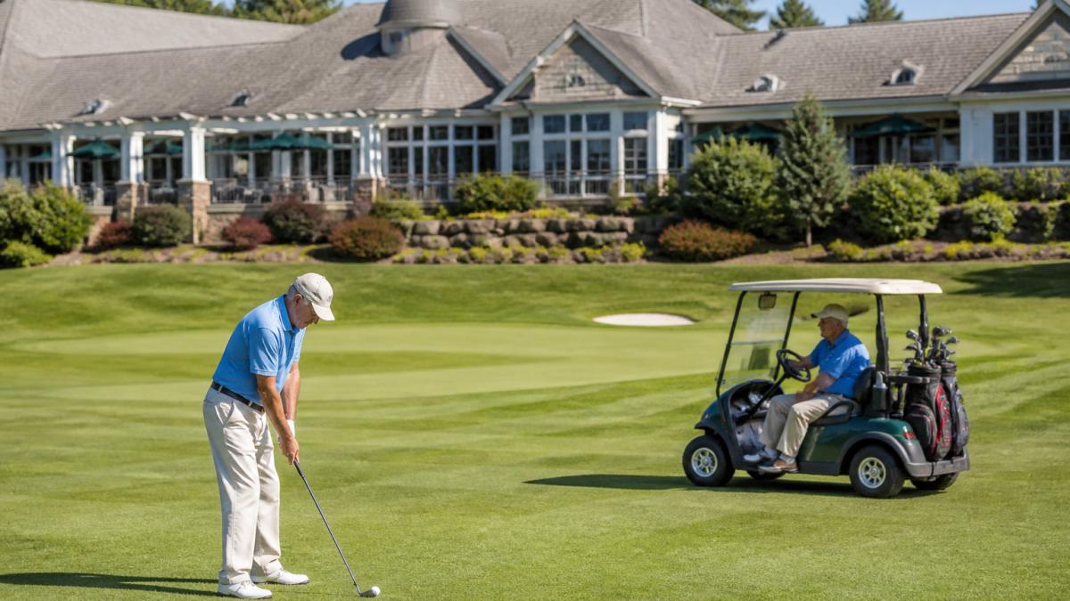 Active seniors playing golf at a 55+ community, a top choice among Toll Brothers alternatives for seniors.